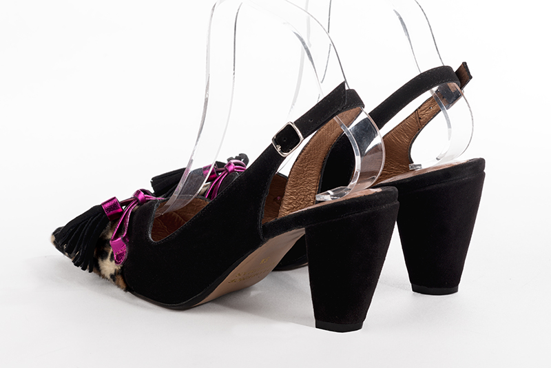 Safari black women's open back shoes, with a knot. Pointed toe. High cone heels. Rear view - Florence KOOIJMAN